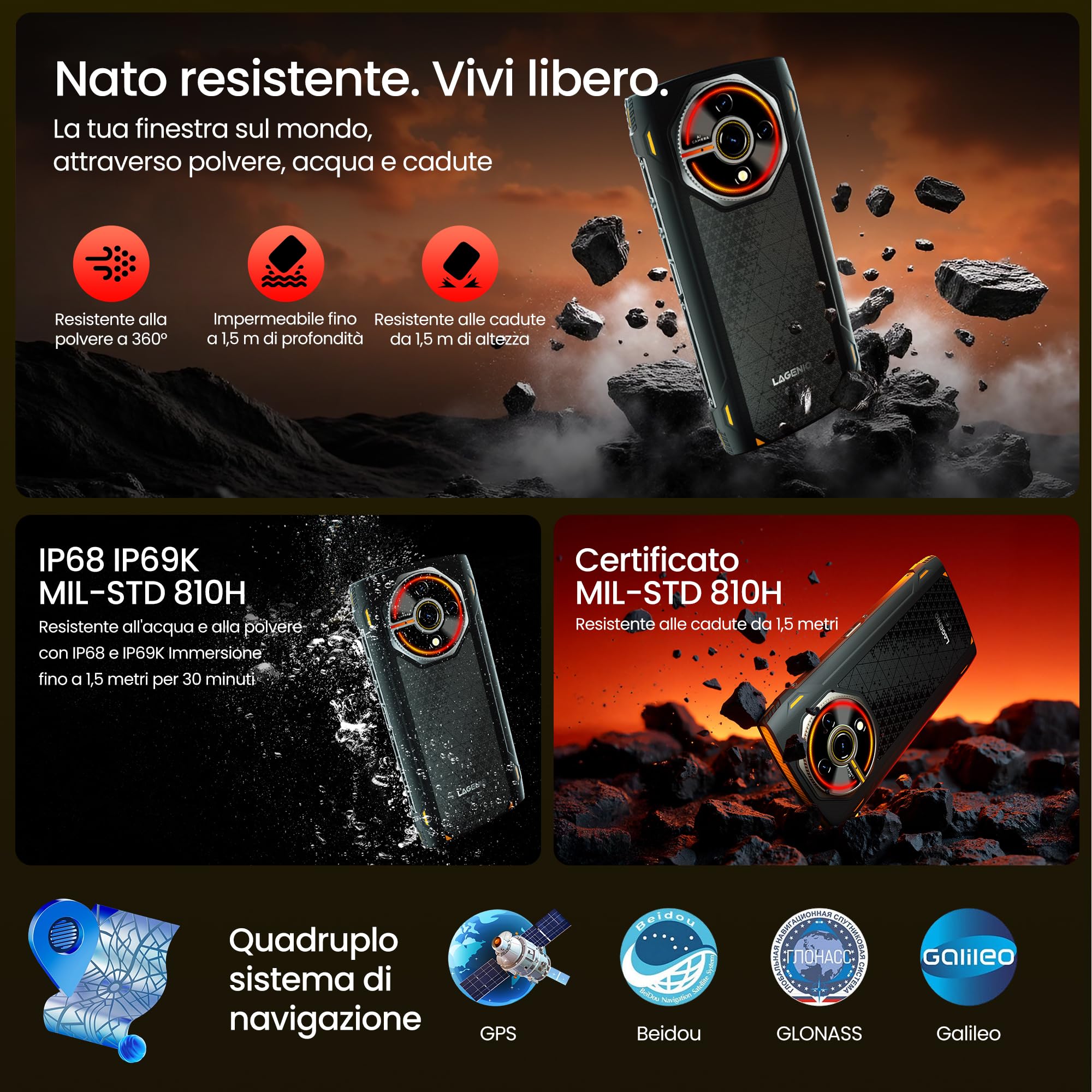 Panther 2 Rugged Smartphone Android 15, 12GB+128GB/1TB Espandibile, IP68/IP69K 6.7" HD+120Hz Cellulare Impermeabile, 16MP+8MP, 5150mAh, Widevine L1/Face ID/OTG/GPS/NFC/3 SIM Slots, Nero