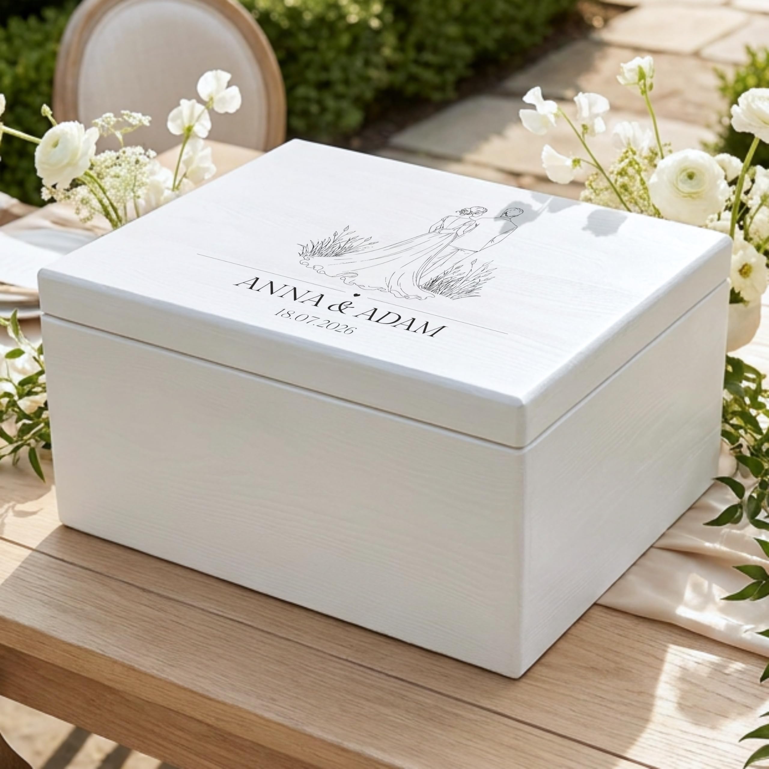 Creative DECO Personalizada Caja de Regalos Originales para los Novios Boda | Regalo Blanca | Caja Madera de Recuerdos Especiales | Parejas Aniversario Matrimonio | Motivo Pareja con Nombres Fecha