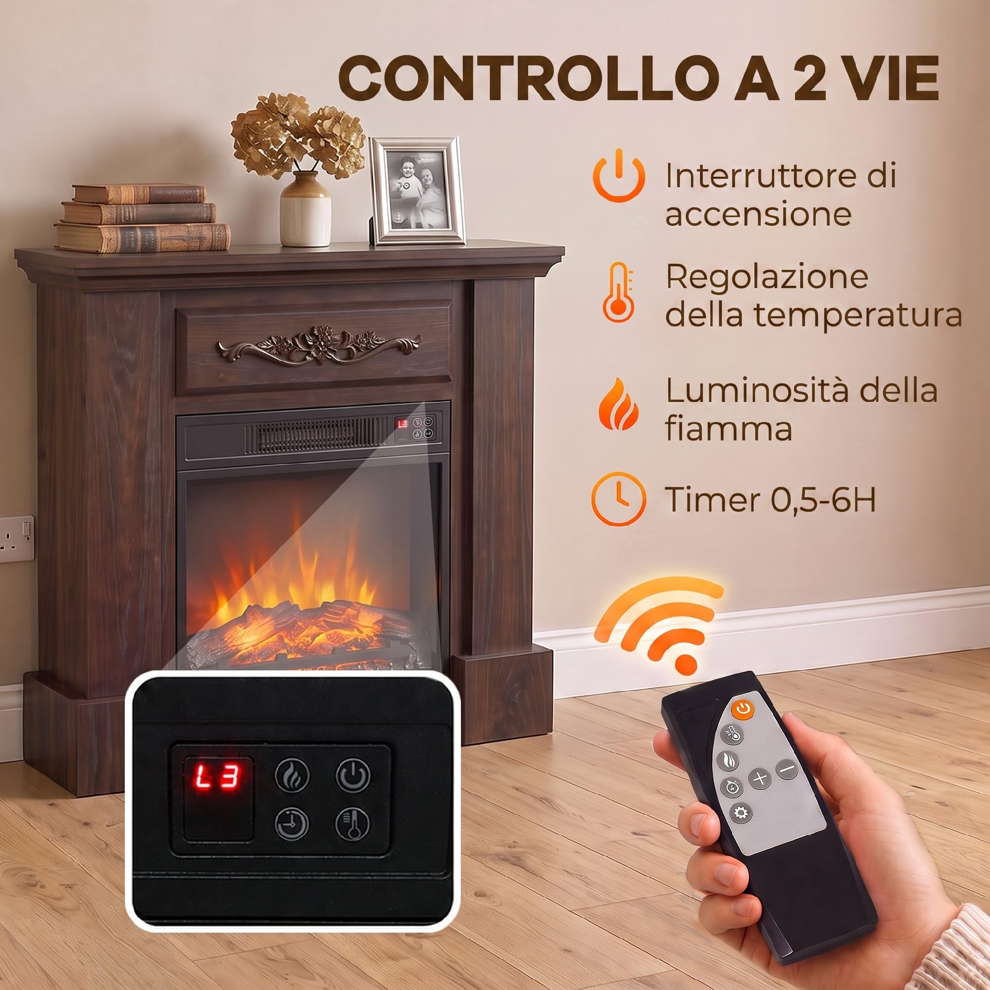 HOMCOM Camino Elettrico Cornice Effetto Fiamma Realistico 1800W Marrone | Caminetto Elettrico da Incasso e Terra, Stufa con Telecomando, Termostato, Timer, Riscaldamento Regolabile, Soggiorno