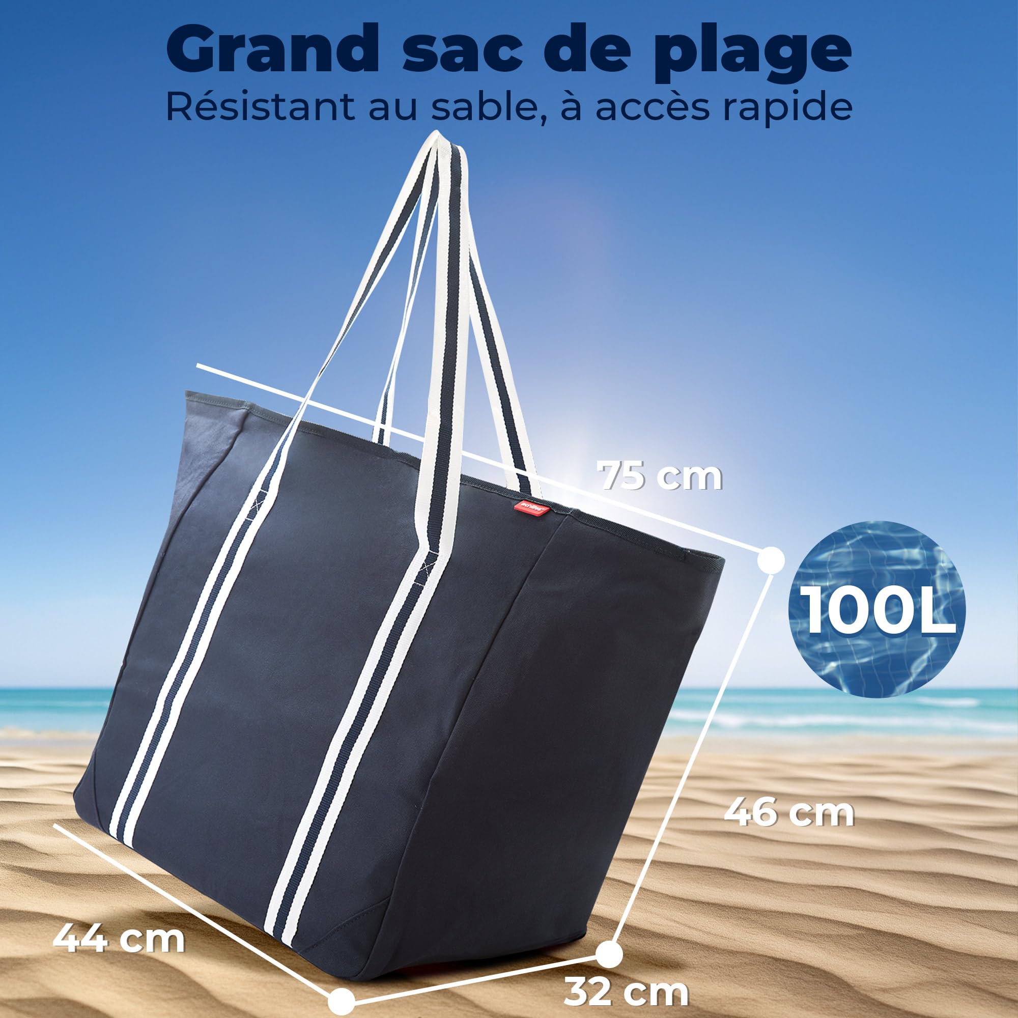 achilles Grand sac de plage XXL Famille avec fermeture éclair - Sac de bain XXL Famille 100 l - Pliable et résistant à la saleté - Piscine - Bleu - 75 x 32 x 46 cm