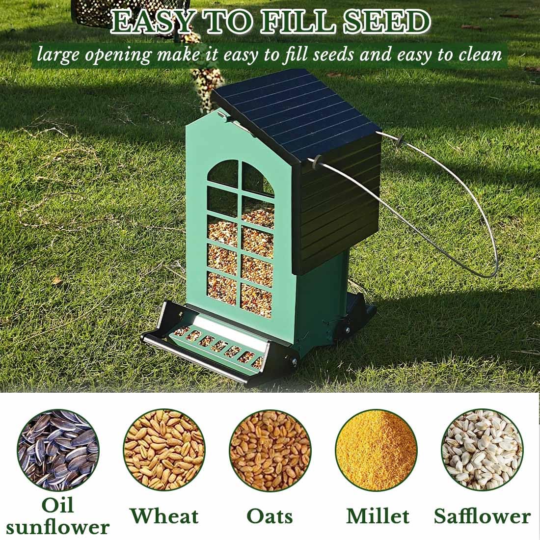 Comedero para pájaros a prueba de ardillas, comederos de pájaros para exteriores con perchas activadas por peso, a prueba de masticaciones, gran capacidad de 5 libras, comederos de metal para