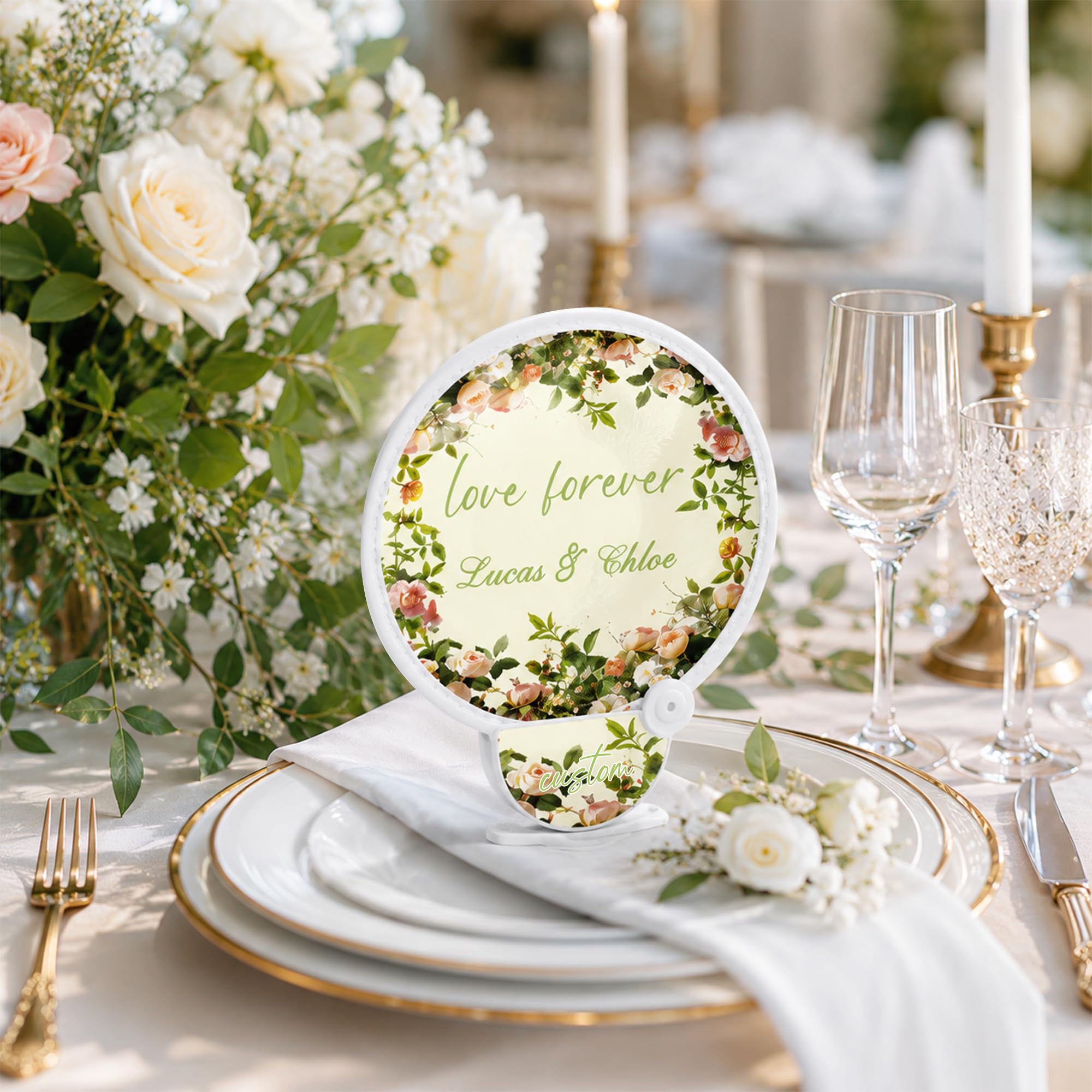 50 Piezas Abanicos Redondos Plegables Personalizados, Portátil Abanico Personalizado para Boda con Foto y Texto, Detalles de Boda para Invitados, Regalo en Eventos al Aire Libre y Fiestas