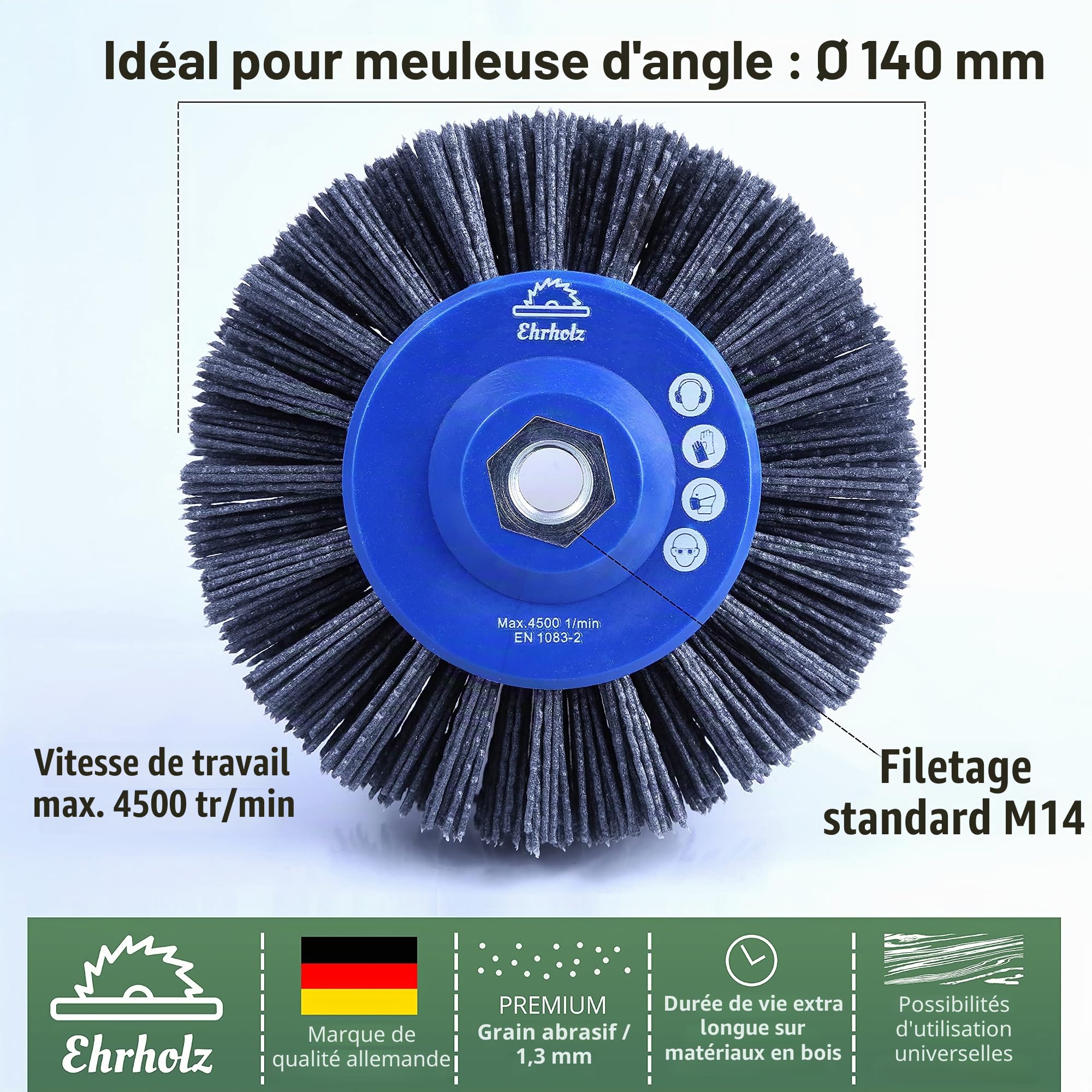 Brosse de ponçage pour meuleuse d'angle | 140 mm de diamètre | Brosse ronde de structuration | Qualité professionnelle pour bois et métal (nombre de particules abrasives : 46, nylon)