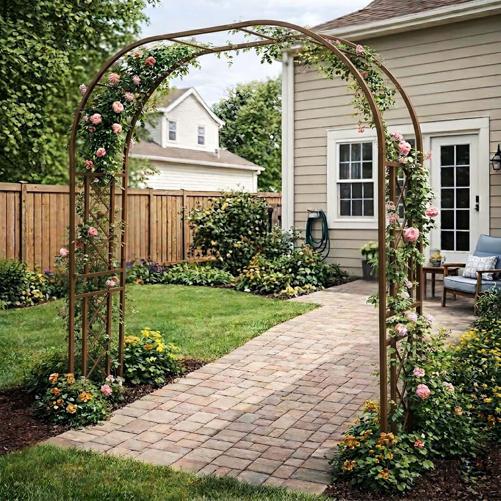 Heavy Duty Metal Garden Arches 140-340cm Strong Steel Archway Trellis For Climbing Plants Roses Vines Grape Outdoor Pergola Arbour Doorway Decorations Backyard Wedding Frames(Brown,180x230x40cm)