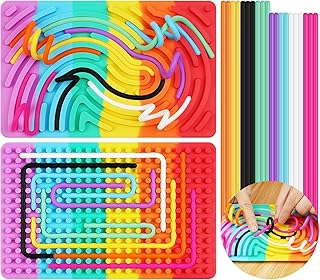 AUAUY Sensory Activity Board for Stress Relief, Silicone Calm Down Fidget Toy, Double-sided Design Sensory Board with Portable Bag & 20 Strings, for Kids 3+ & Adults Travel Calming & Autism, Colorful