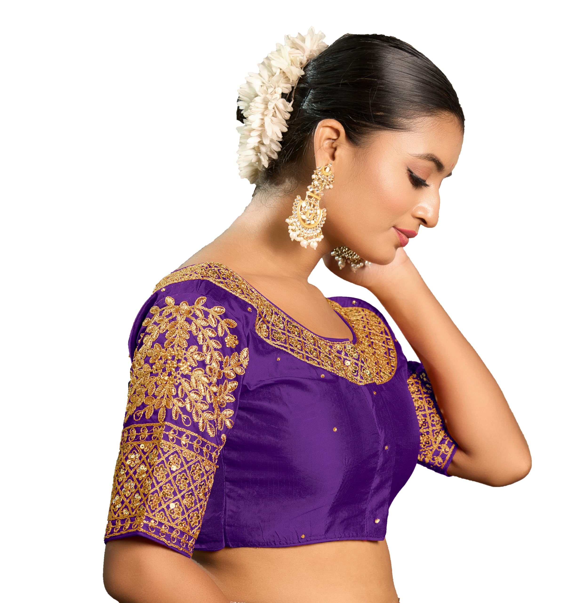Pujia Mills Women's Heavy Embroidery Coding With Sequins Work Half Sleeves Fancy Readymade Saree Blouse (Purple, 38)