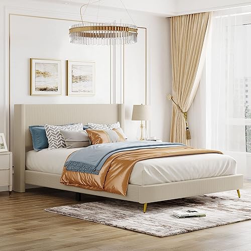 Cama de plataforma de pana tamaño Queen con patas de metal y cabecera tapizada, soporte de listones de madera, no requiere somier (beige/pana)