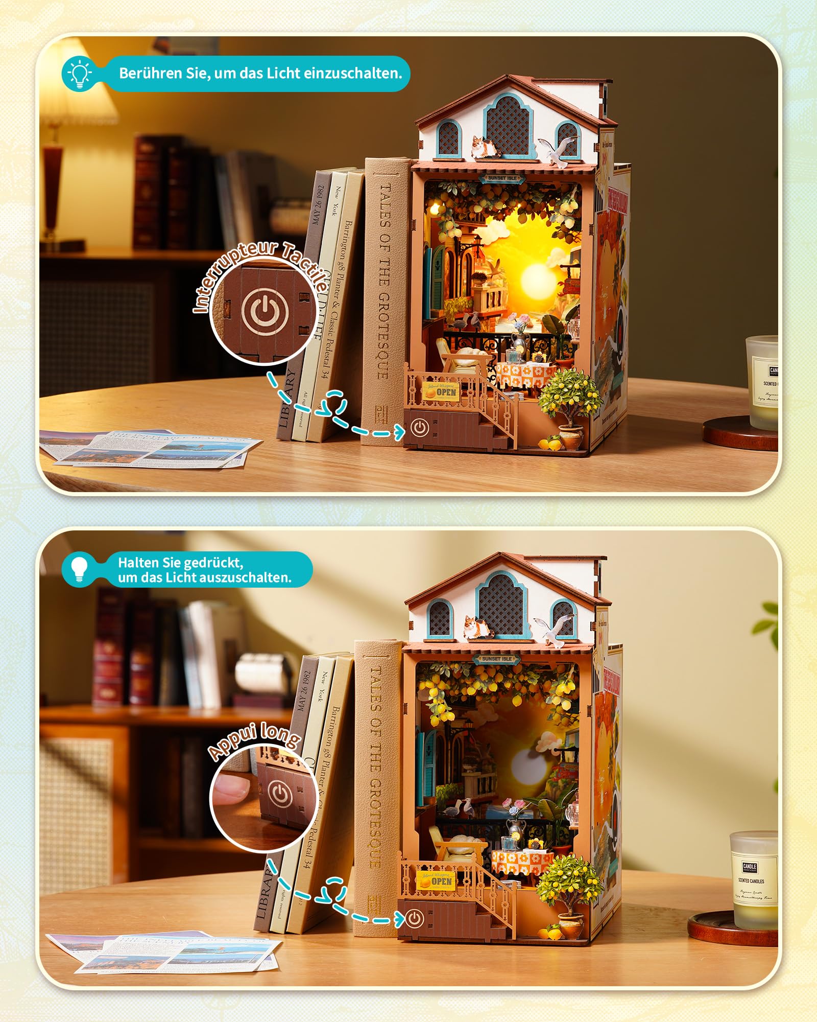 Rolife Book Nook DIY Maquette en Bois Adulte avec Lumières L'Île du Couchant Puzzle 3D Miniature Maison à Construire Serre-Livres Diorama Décoration Livre Bibliothèque Salon