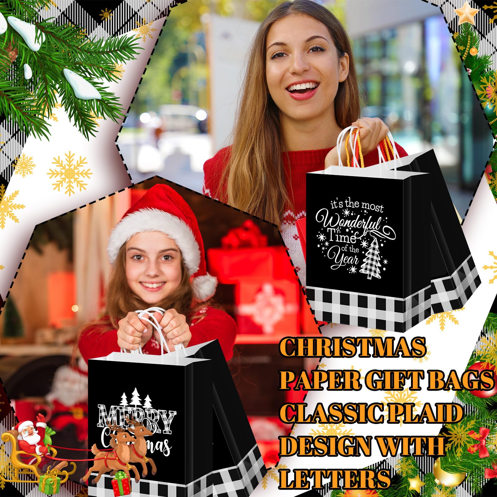 Qilery 100 Stück Weihnachts-Büffelkarierte Papier-Geschenktüten mit Griff, kariert, Partygeschenktüten für Weihnachten, Urlaub, Geschenke, Verpackung, Partyzubehör, Dekoration (schwarz und weiß)