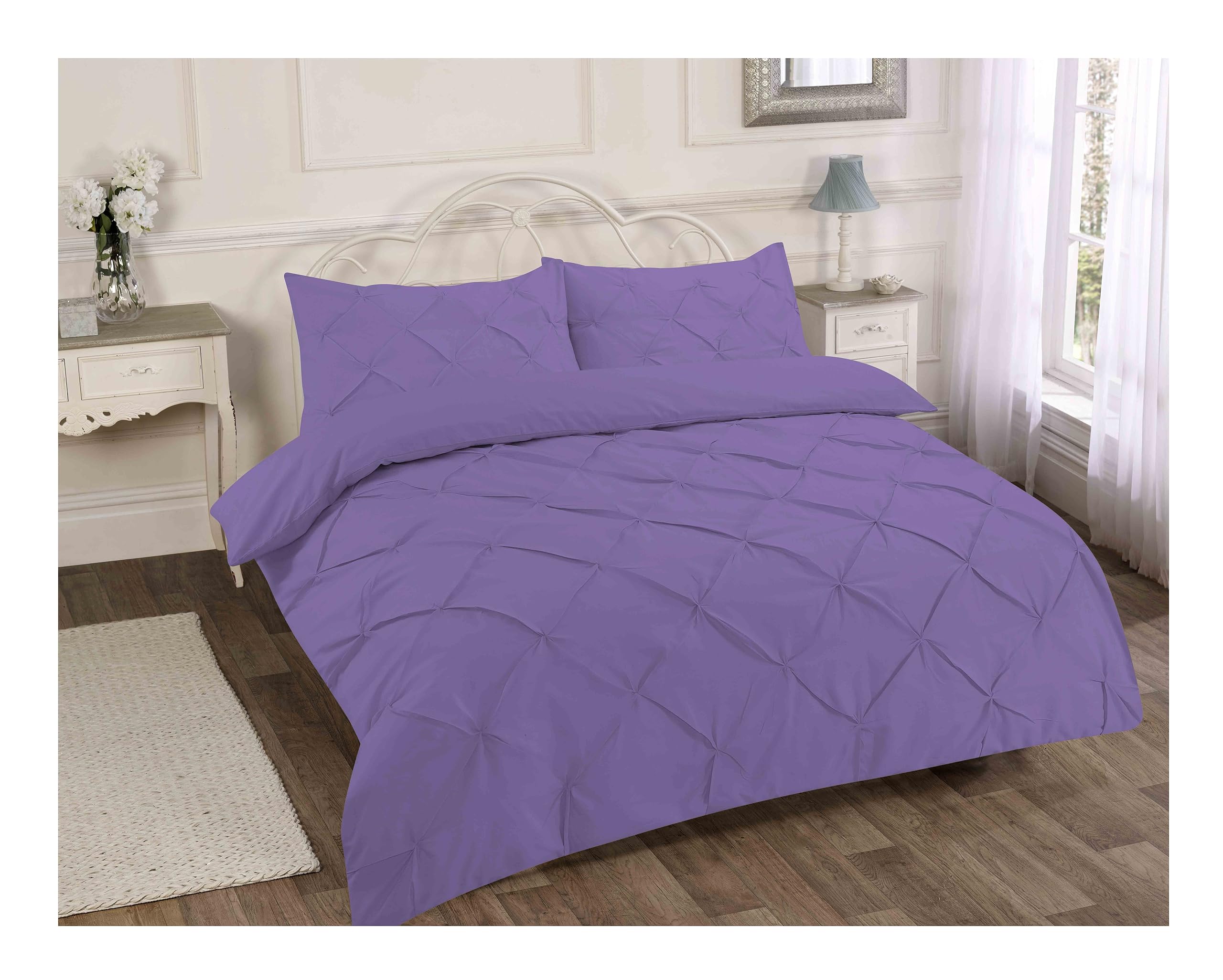 H&F Alexander Duvet Quilt Cover Set Pin Tuck Pinch Pleat Alford Reversible Diamond Bedding Set with Matching Pillowcase UK Size (King, Lilac)