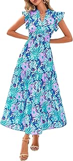Women's 2025 Summer Floral Midi Dress Cap Sleeve V Neck Ruffle Long Flowy Boho Casual Beach Vacation Dresses - Buy now