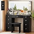 DWVO Vanity Desk with Lights and Stool, Power Outlet, 9 Drawers Makeup Table, Large LED Mirror with 3 Color Lighting Modes, for Bedroom and Dressing Room, Dark Black