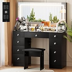 DWVO Vanity Desk with Lights and Stool, Power Outlet, 9 Drawers Makeup Table, Large LED Mirror with 3 Color Lighting Modes, for Bedroom and Dressing Room, Dark Black