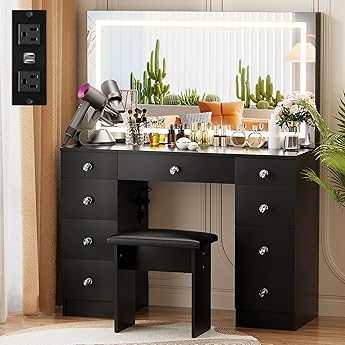 DWVO Vanity Desk with Lights and Stool, Power Outlet, 9 Drawers Makeup Table, Large LED Mirror with 3 Color Lighting Modes, for Bedroom and Dressing Room, Dark Black