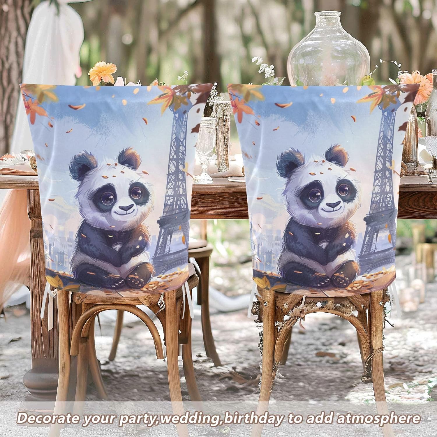 ALAZA Cute Panda Eiffel Tower Chair Back Cover Set of 6, Washable Reusable Removable Chair Slipcovers Decorative Chair Cover for Home Kitchen Wedding Party