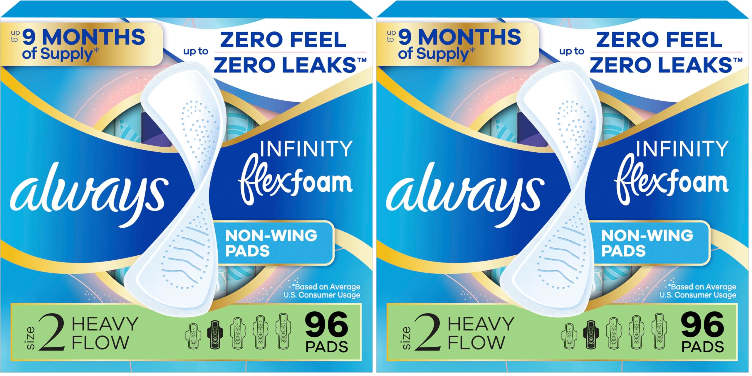 Always Infinity Feminine Pads for Women, Flexfoam Pads Without Wings, Size 2, Heavy Absorbency, Unscented, 96 Count (Pack of 2)