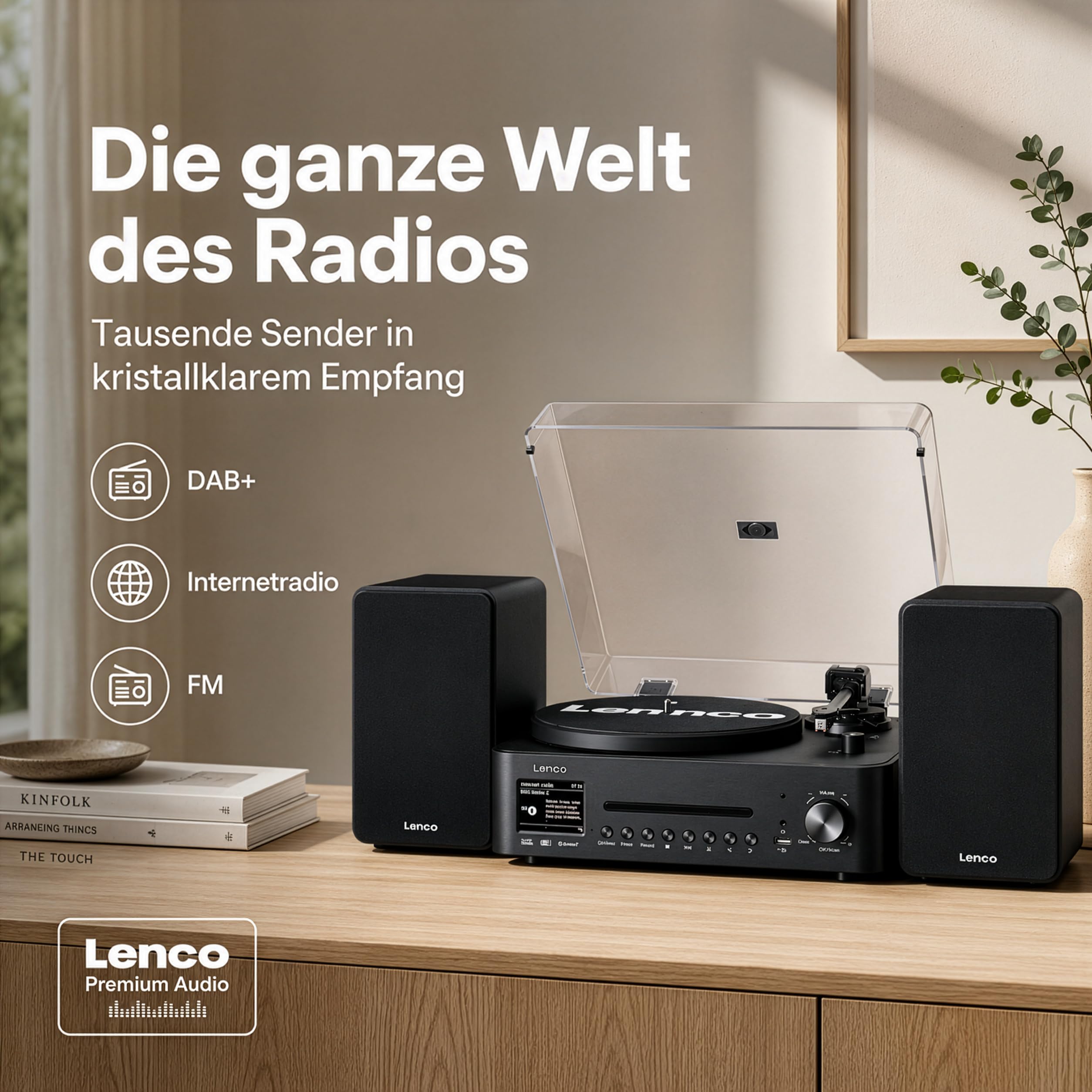 Lenco MC-760BK Plattenspieler mit Lautsprecher - Schallplattenspieler 60 W - Vinyl Player Bluetooth 5.3 - Record Player - DAB+ - Holz/Schwarz
