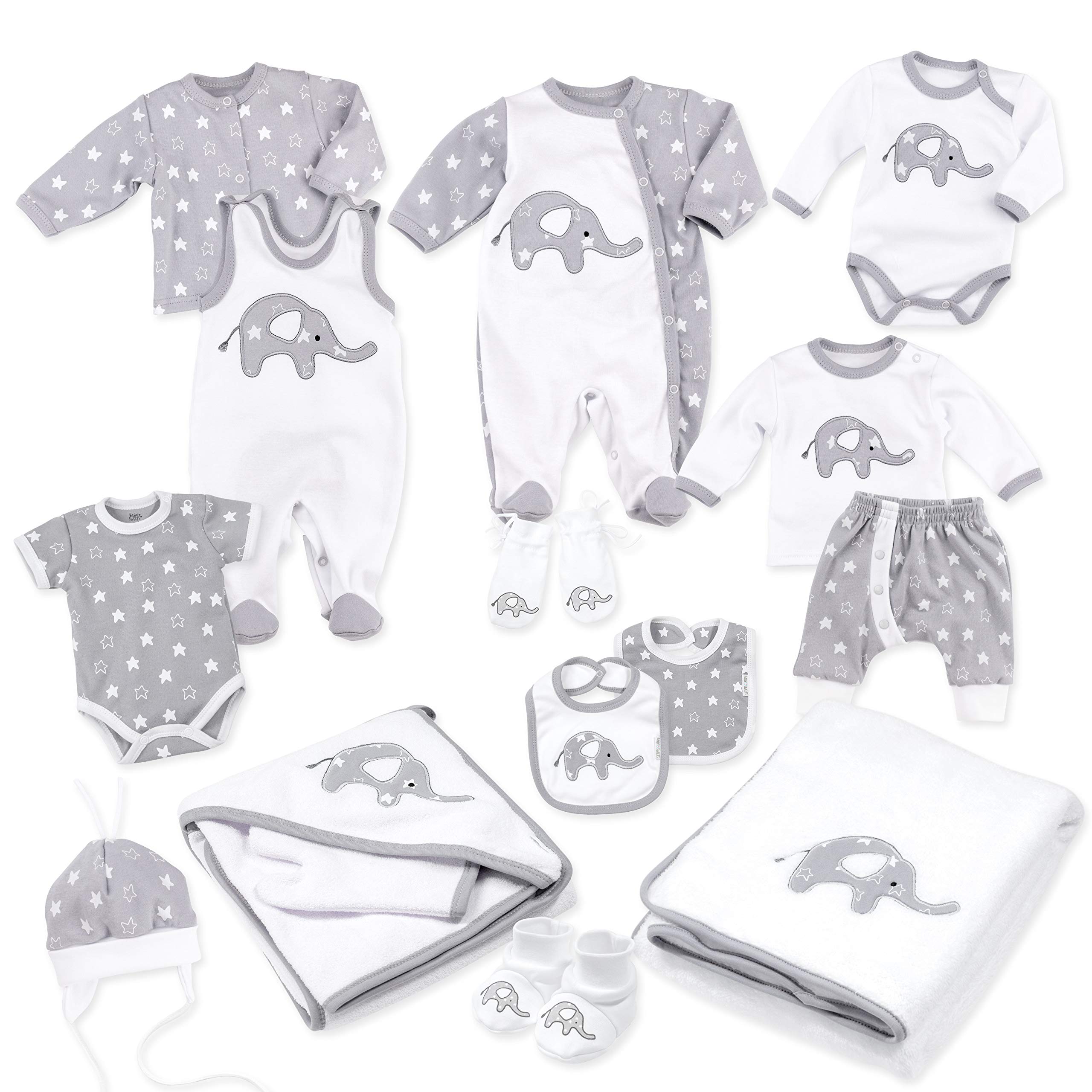 Baby Sweets Baby equipamiento inicial unisex blanco gris Diseño: Little Elephant Juego de 15 piezas para recién nacidos y niños pequeños Tamaño: blanco blanco gris Talla:Newborn (56)