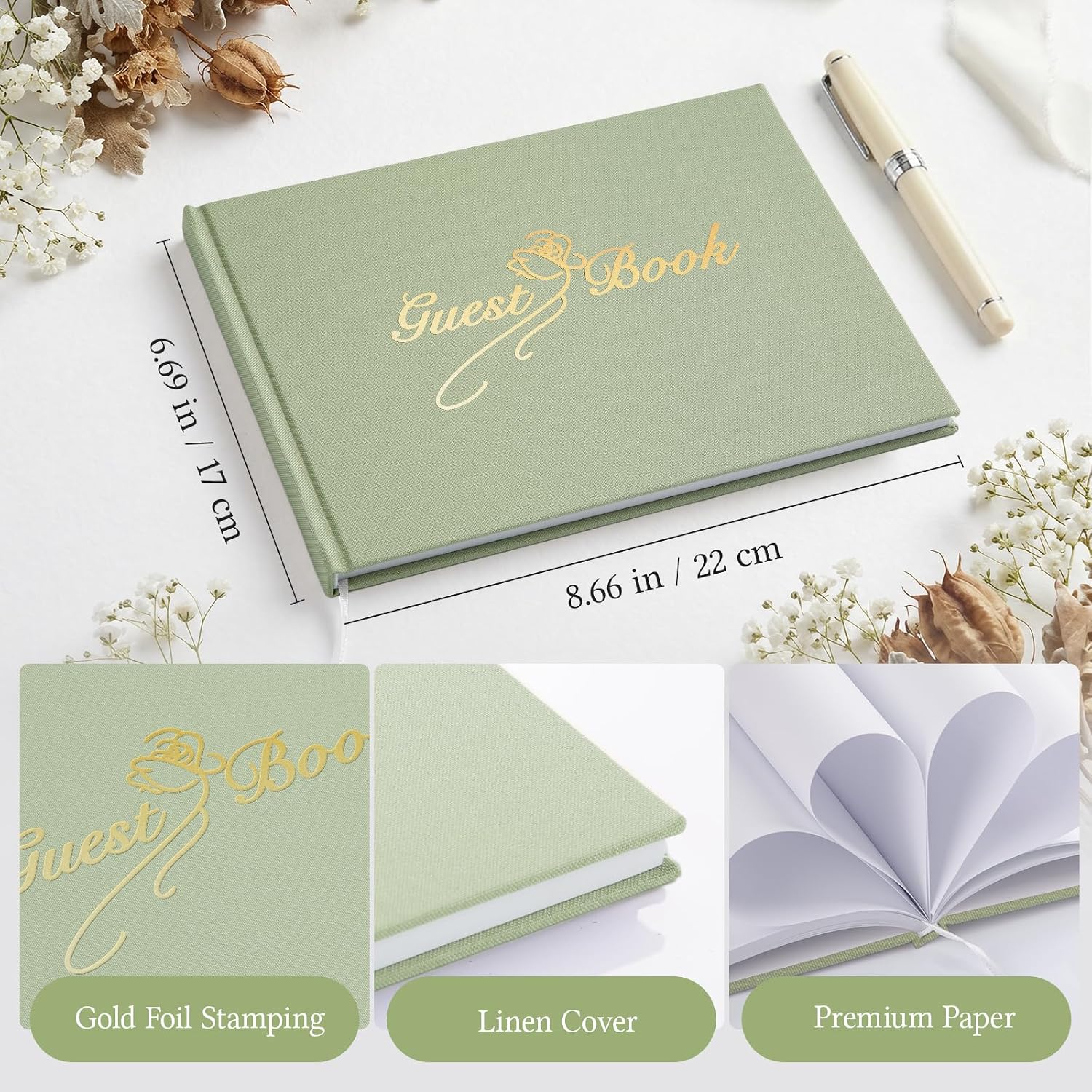 Guest Book for All Occasions – Sage Green Linen Hardcover with Gold Foil, 120 Acid-Free Blank Pages, Includes Table Sign & Welcome Card | 8.66x6.69" Sign-In Book for Wedding, Garden Party & More