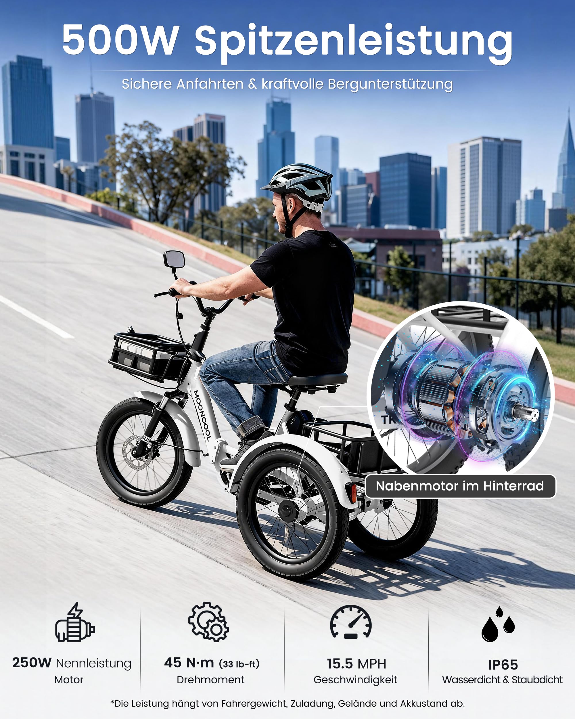 MOONCOOL E Bike Klapprad, 20" Elektrofahrräder für Herren Damen, 36V 20AH Akku, 250W Motor 45 Nm, LCD-Display, IP65 Wasserdicht, 3 Fahrmodi, mit Großen Körben & Fußstützen