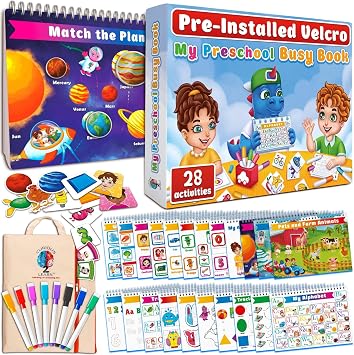 Curious 2 Learn Montessori Busy Book for Toddlers Ages 3-5 Preassembled Preschool Learning Binder with 28 Activities, Travel Bag & 8 Markers Educational Toy & Gift for 3 Year Old Boys Blue