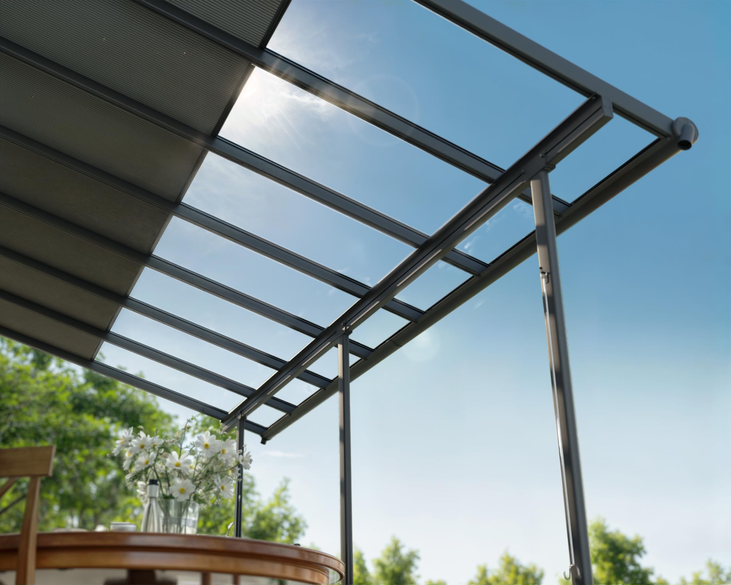 Canopia Palram Sierra Cabrio, baldacchino per terrazze, 295 x 434 cm, telaio in alluminio grigio, sistema di tetti scorrevoli, doppio pannello in grigio opale, resistente ai raggi UV e alle intemperie
