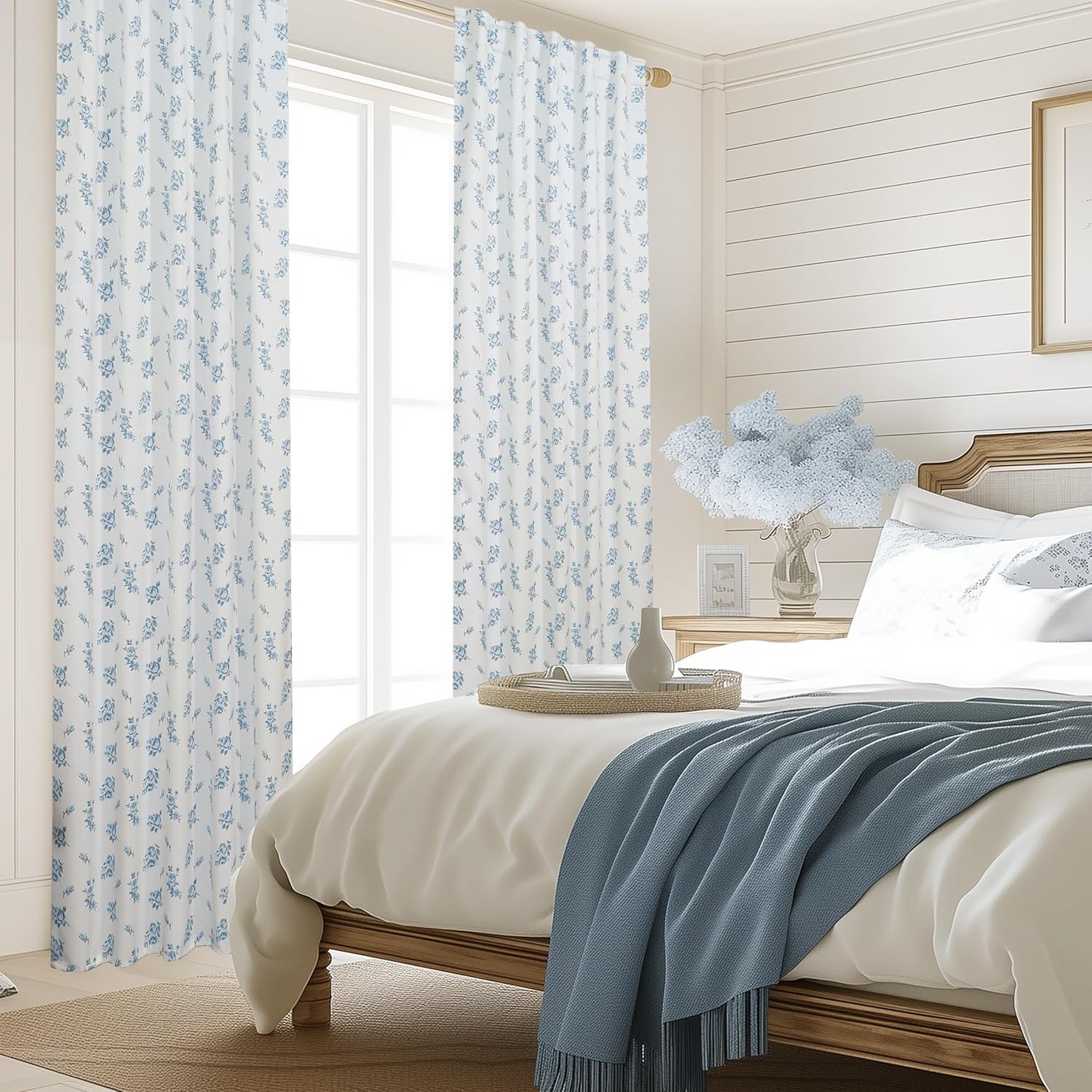 Blue and White Curtains,Pastel Floral Blackout Vintage Coastal Beachy Classroom Curtains for Windows
