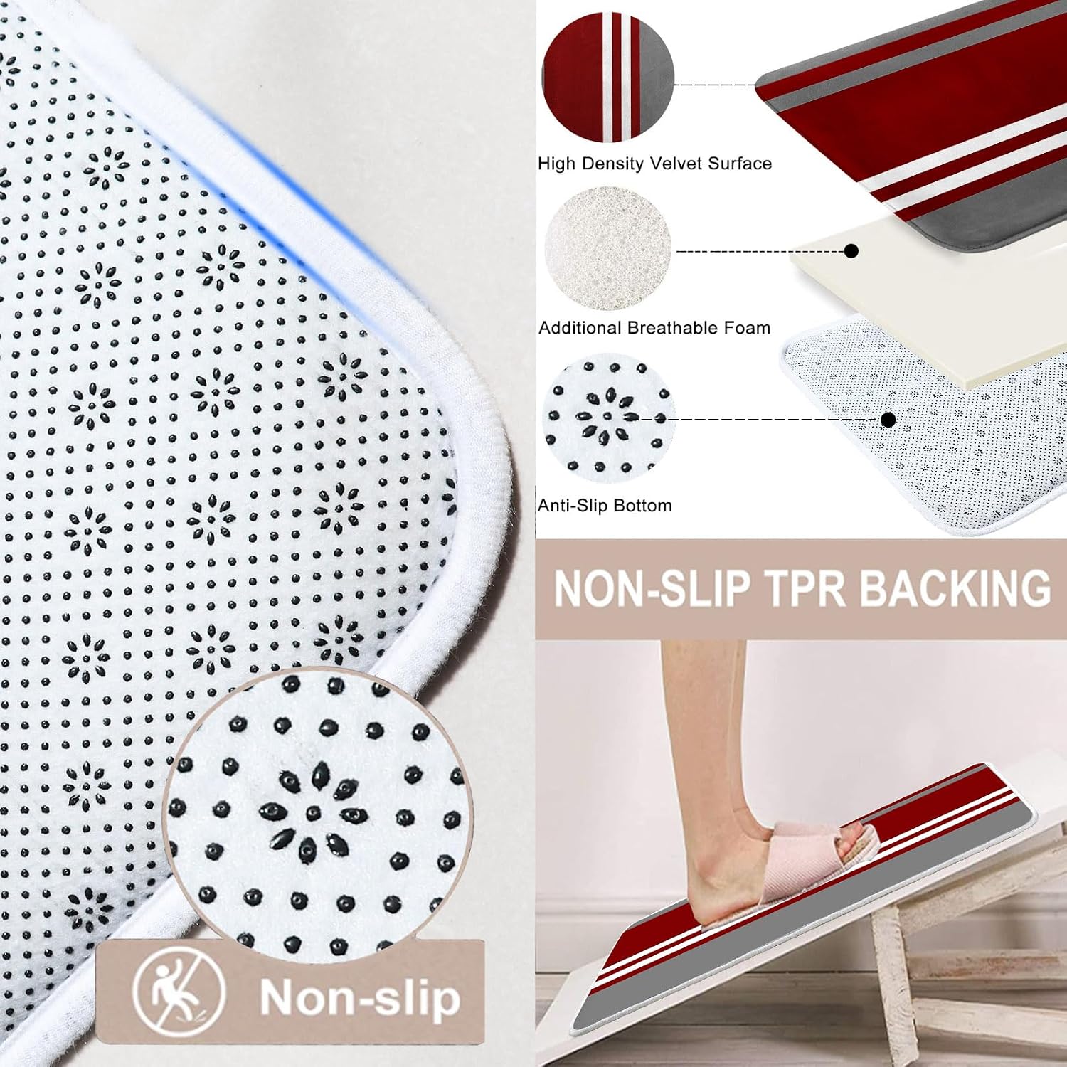 ArtSocket Bathroom Set of 3, Shower Curtain and Bath Rugs Burgundy Red image 3