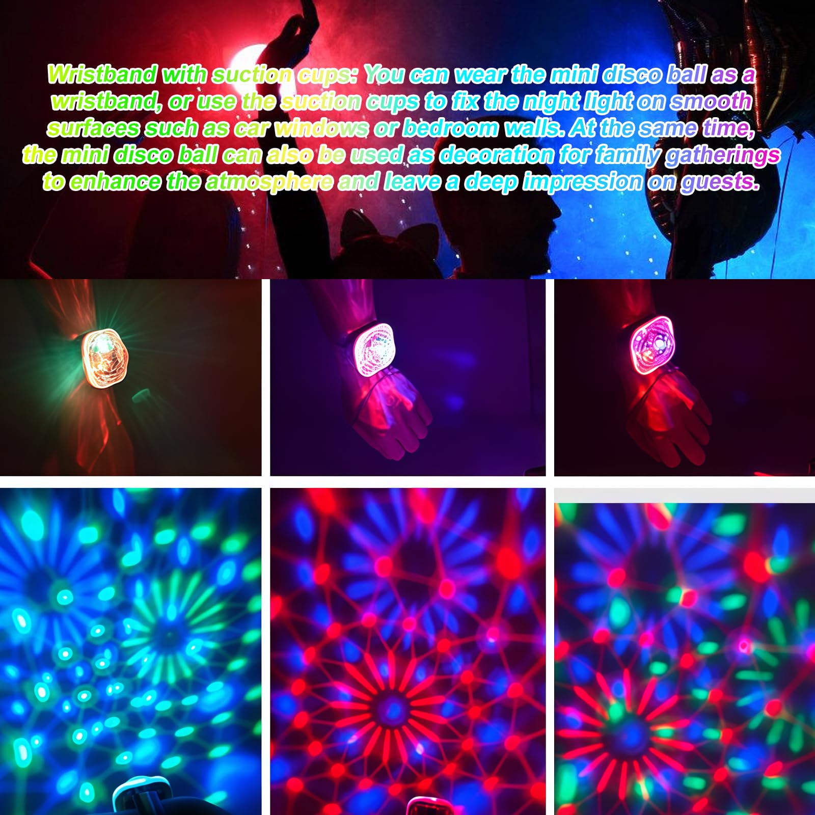 Bola de discoteca con luz para fiestas: WIYETY 8 unidades, 5 modos, mini lámpara LED portátil con ventosa, carga USB, luz para fiesta, coche, baile