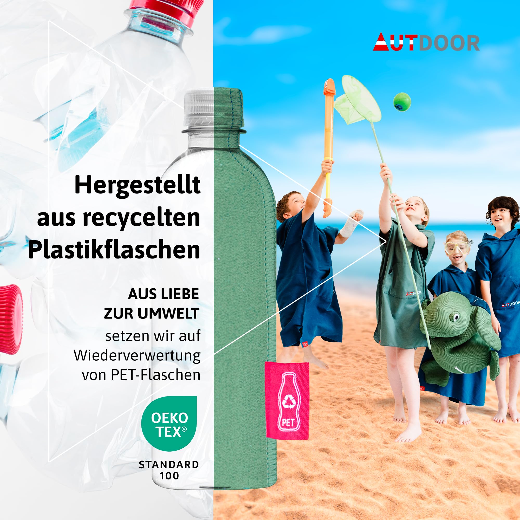 AUTDOOR® Mikrofaser Badeponcho Damen & Herren - nachhaltig aus 100% recycelten PET-Flaschen - Handtuch als Umziehhilfe für Strand und Wassersport - schnelltrocknend & kompakt (Grün, Large)