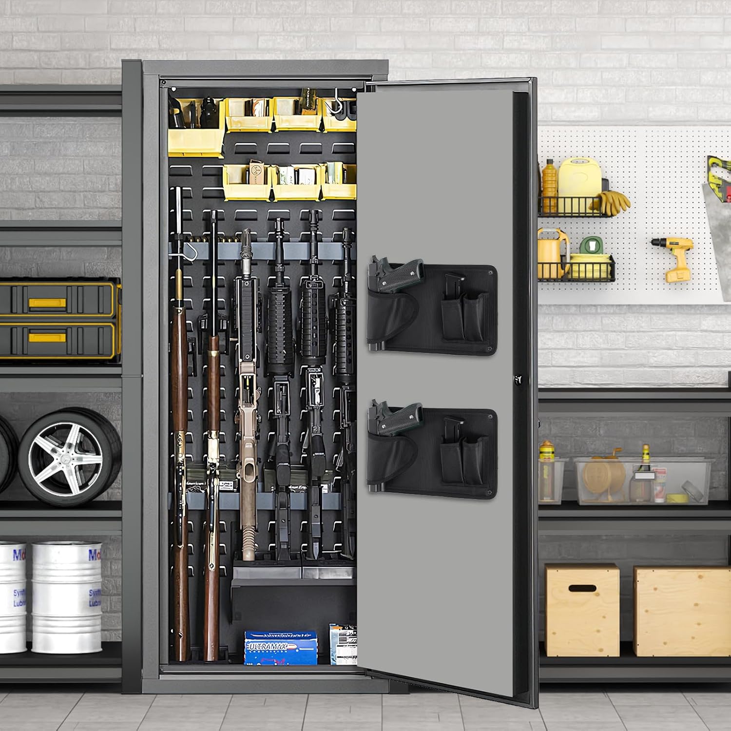 Gun Safe Door Organizer with Strong Adhesive Hook &Loop and Magnet Tape Two Way Mount, Elastic Gun Safe Pistol &Mag Holder for Most Pistols, for Indoor Storage