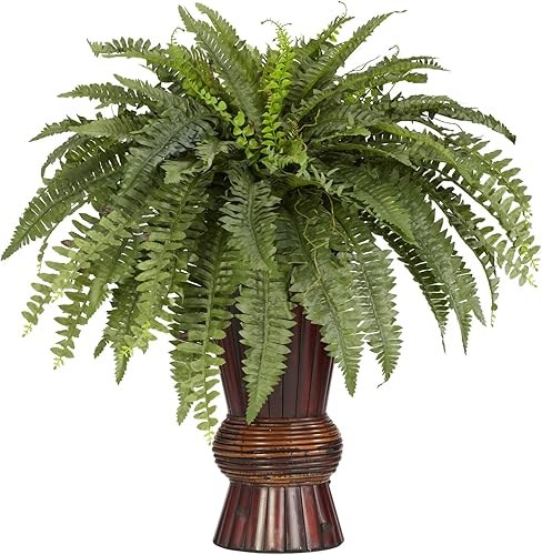 Nearly Natural 6628 Boston Fern con florero de bambú decorativo de seda, verde 12 x 12 x 35 pulgadas
