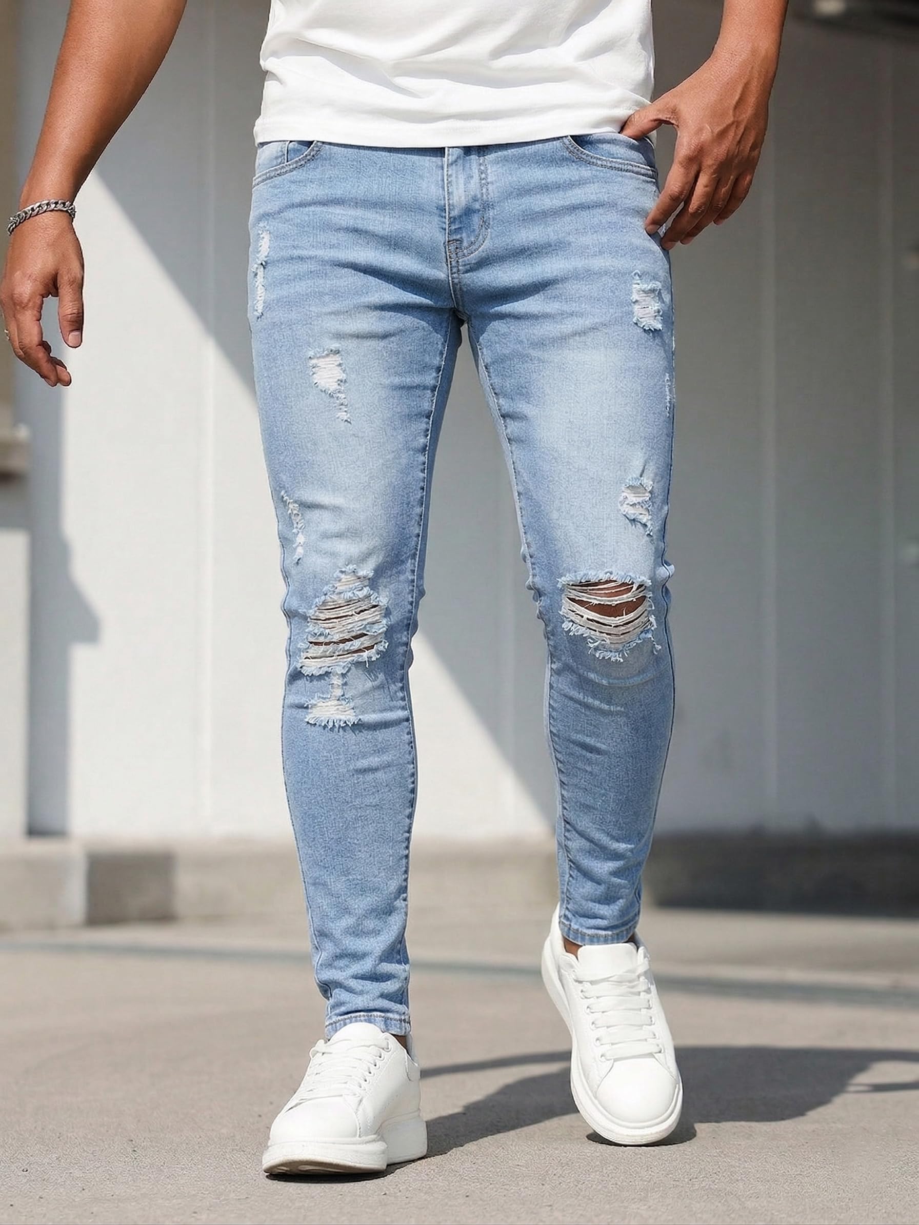 HUNGSON Men's Ripped Skinny Jeans Stretchy Slim Fit Jeans Pants for Men