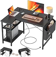 TIQLAB 40-Inch Small L-Shaped Gaming Desk with Power Outlets & Reversible Storage Shelves - Corner Workstation for Home Office