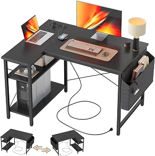 TIQLAB 40-Inch Small L-Shaped Gaming Desk with Power Outlets & Reversible Storage Shelves - Corner Workstation for Home Office