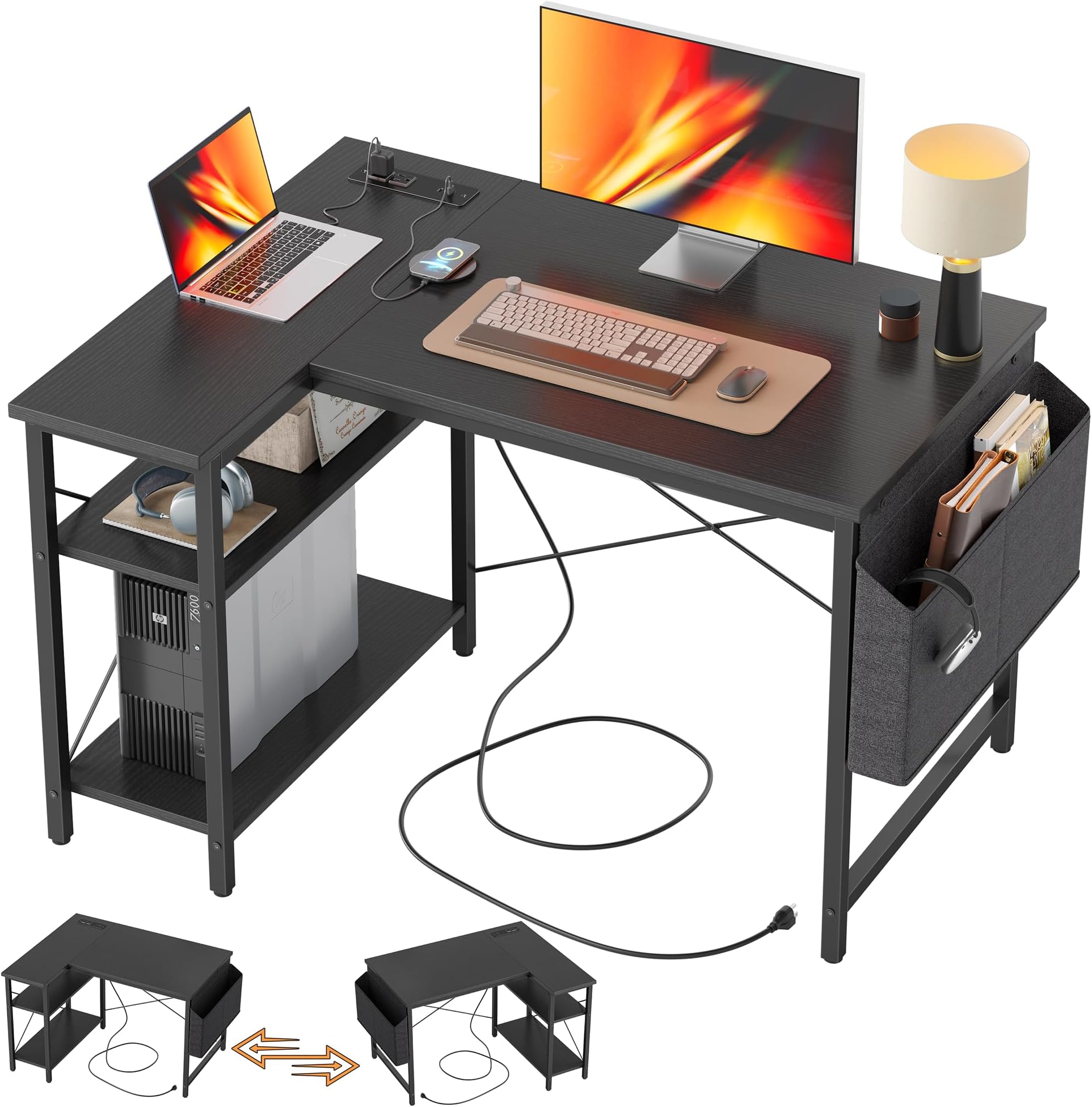 TIQLAB Gaming Desk, Computer Desk, L-Shaped Desk, 39.4x27.6 inches (100x70 cm), With Power Outlet, Shelf, Corner Desk, Work Desk, Study Desk, Office Desk, For Work from Home, Space Saving, Black