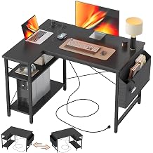 TIQLAB Gaming Desk, Computer Desk, L-Shaped Desk, 39.4x27.6 inches 100x70 cm, With Power Outlet, Shelf, Corner Desk, Work Desk, Study Desk, Office Desk, For Work from Home, Space Saving, Black