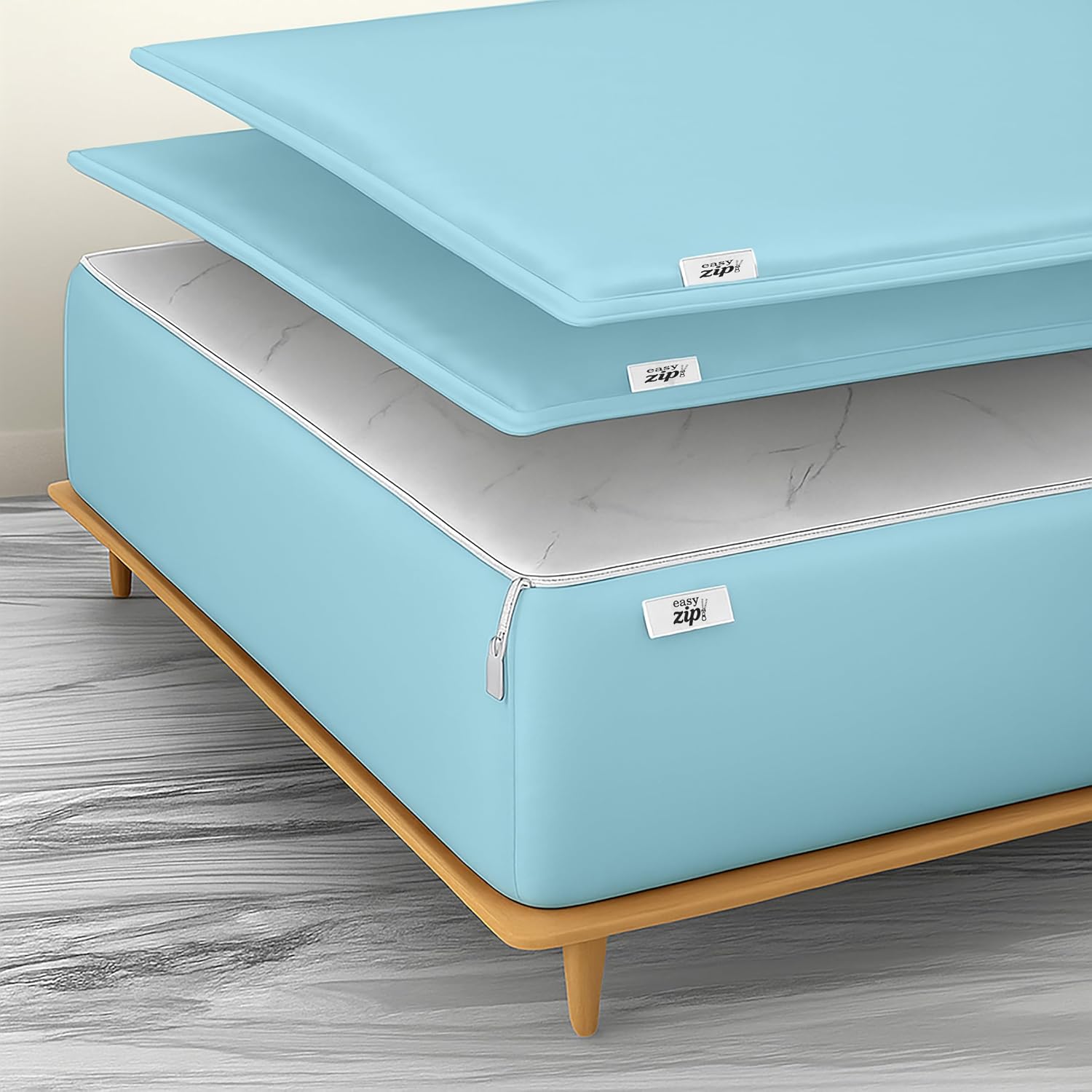 Zipper Fitted Sheets RV Queen Zip On Sheets 60x75 Inch, Zip Sheets - Easy Change 1 Base + 2 Zip Sheet | 500TC Cotton Blend Satin Finish - 10" Deep Pockets | Won't Pop Off - Dreamy Blue