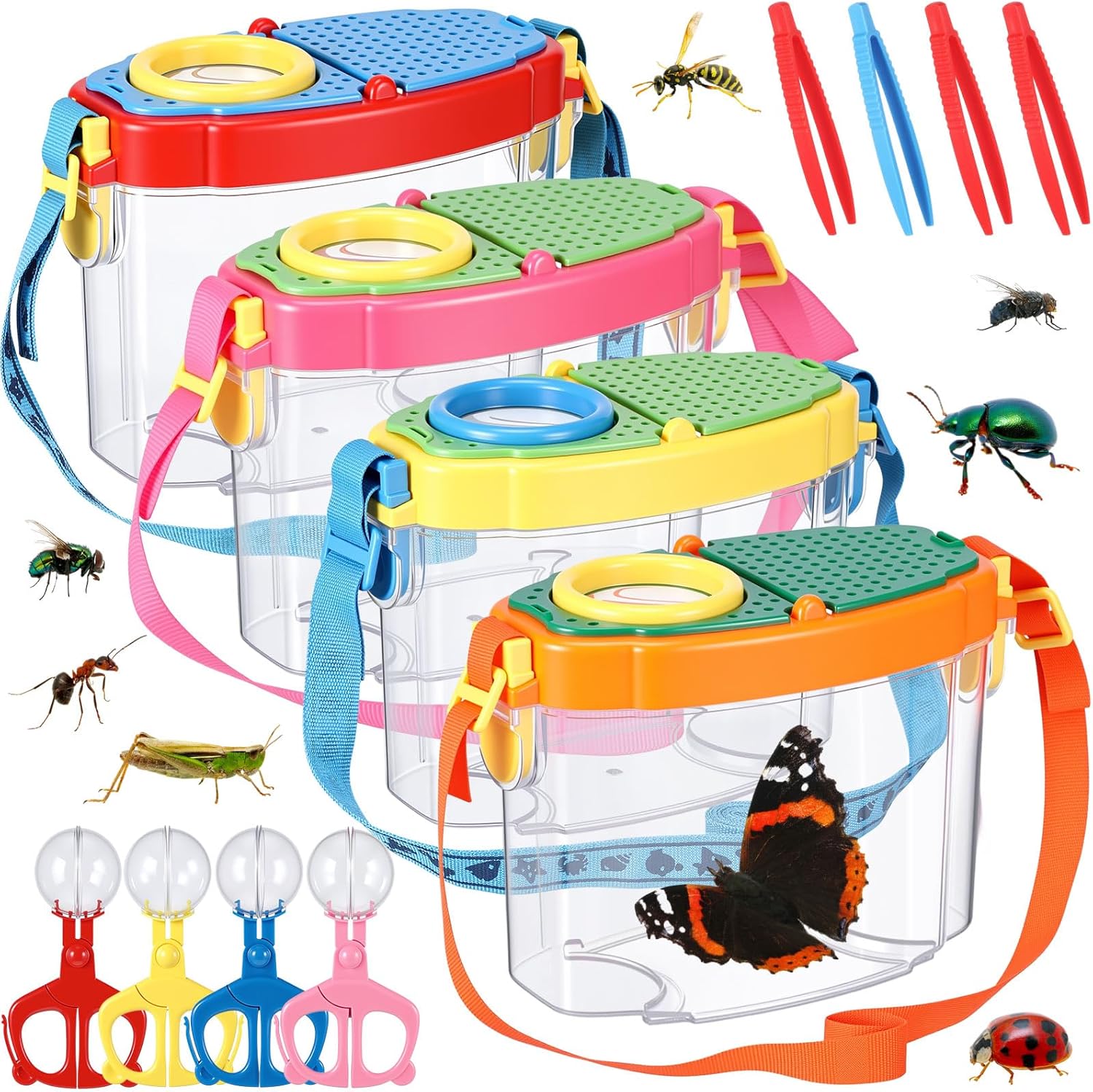 4 Set Bug Catcher for Kids Bug Viewer and Insects Tweezer for Students, Critter Catching Kit Magnifying Insect Cage Container Kit for Kids Outdoor Science Nature Exploration