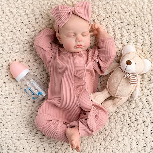 Jirachi Realistic Reborn Baby Dolls, Sleeping Real Life Soft Body Baby Girl, 18 Inch Lifelike Reborn Baby with Pink Clothing Set for Kids 3+