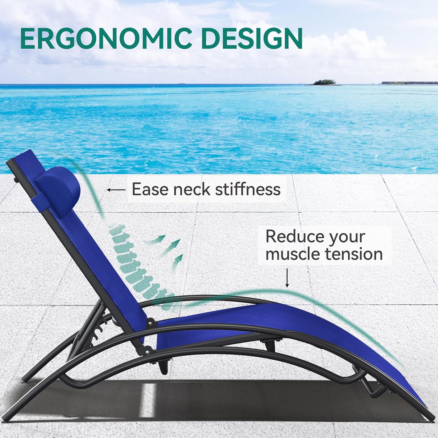 YITAHOME Outdoor Chaise Lounge Chair Set of 6, Pool Lounge Chairs with Side Table & 5-Position Adjustable Backrest, Sunbathing Recliner for Poolside, Backyard, Lawn, Deck - Navy