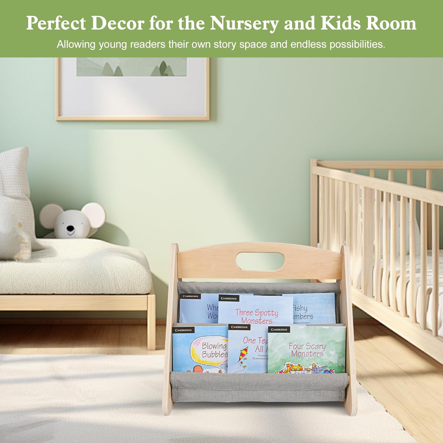 AZSKY Double-Sided Toddler Bookshelf for Kids, Montessori Bookshelf to Display Books, Sling Book Rack Organizer, Playroom Classroom Nursery Book Shelves, Wooden Kid Bookcase for Baby Girl Boy（Grey）