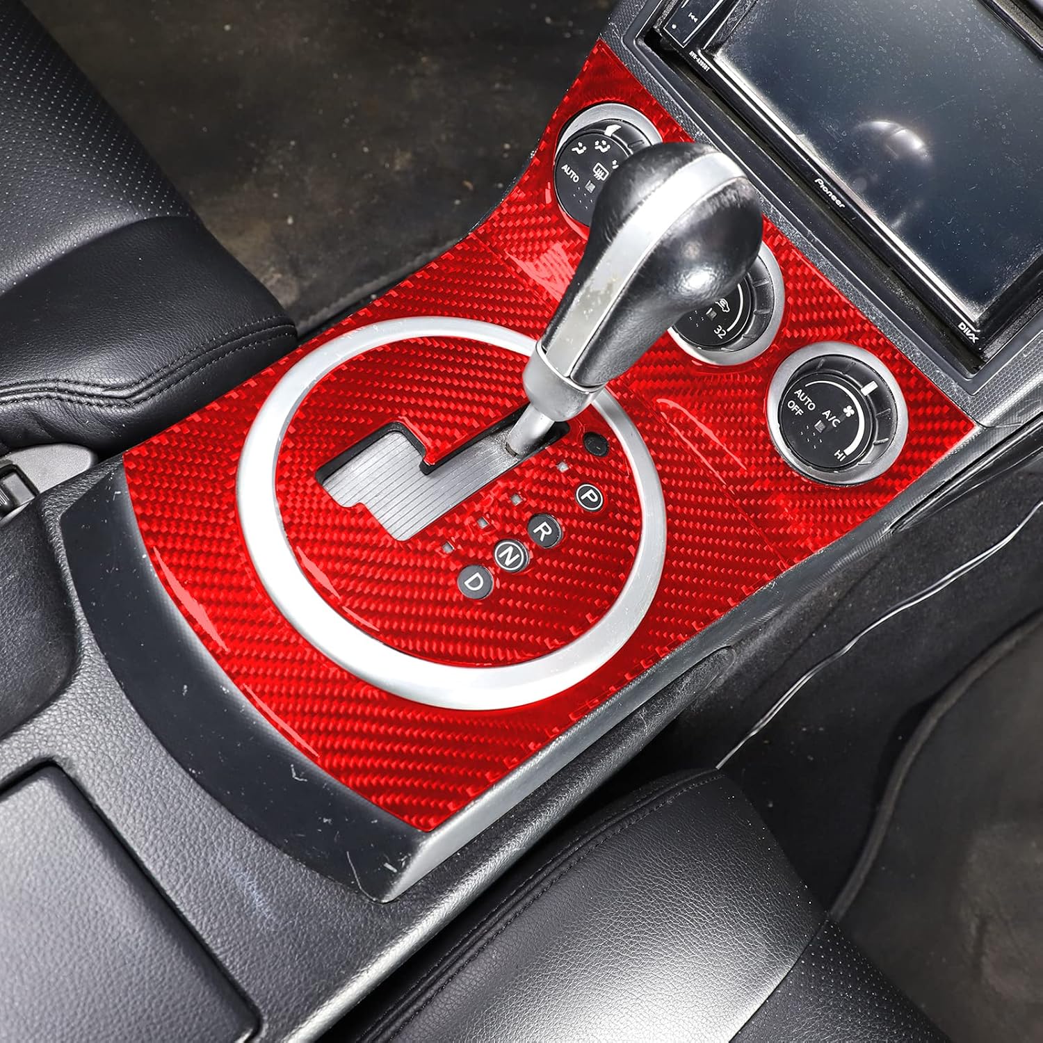 Soft Carbon Fiber Gear Shift Frame,Shifter Panel Frame,Shifter Storage Panel Frame,Center Control Sticker for Nissan 350Z 2003 2004 2005 2006 (Red Carbon Fiber, Center Control Shifter Panel Frame)