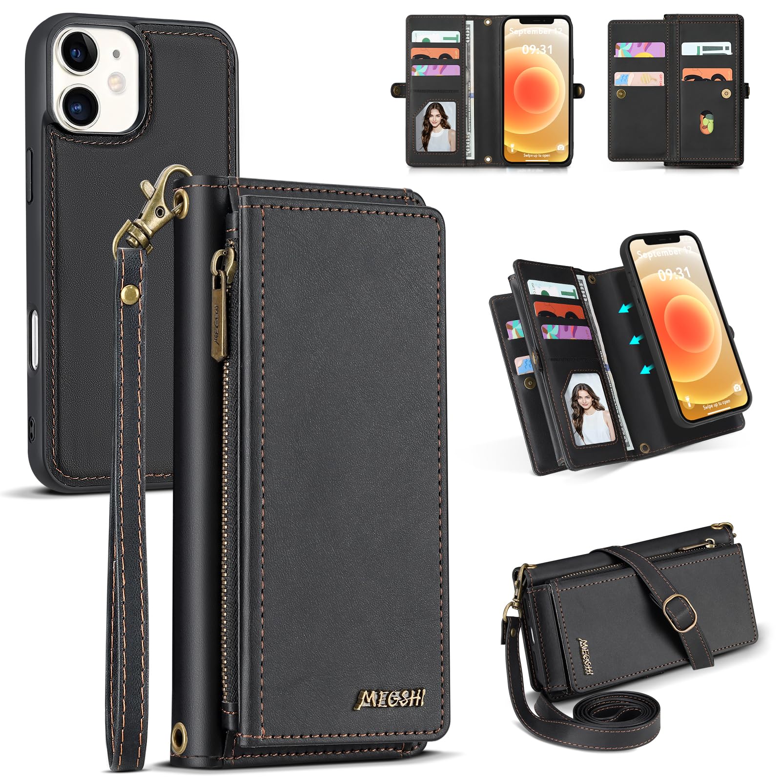 Funda tipo cartera para iPhone 12, funda magnética desmontable, correa de piel sintética, con bloqueo RFID, tarjetero con cremallera, correas de hombro (negro)