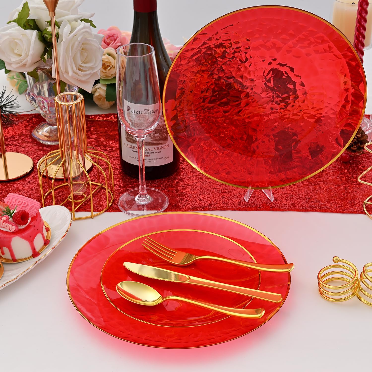 72pcs Red Plastic Plates with Gold Rim, Red Disposable Hammered Party Plate Includes 36 Dinner and 36 Dessert Plates for Wedding Party(36 Guests)
