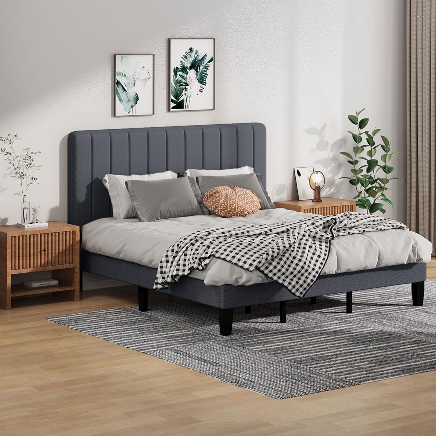 Bed Frames, Full Bed Frames with Linen Upholstered Headboard, Without Box Spring Needed, Easily Assembly with Sturdily Wood, Withoutn-Slip Without Noise (Beige)