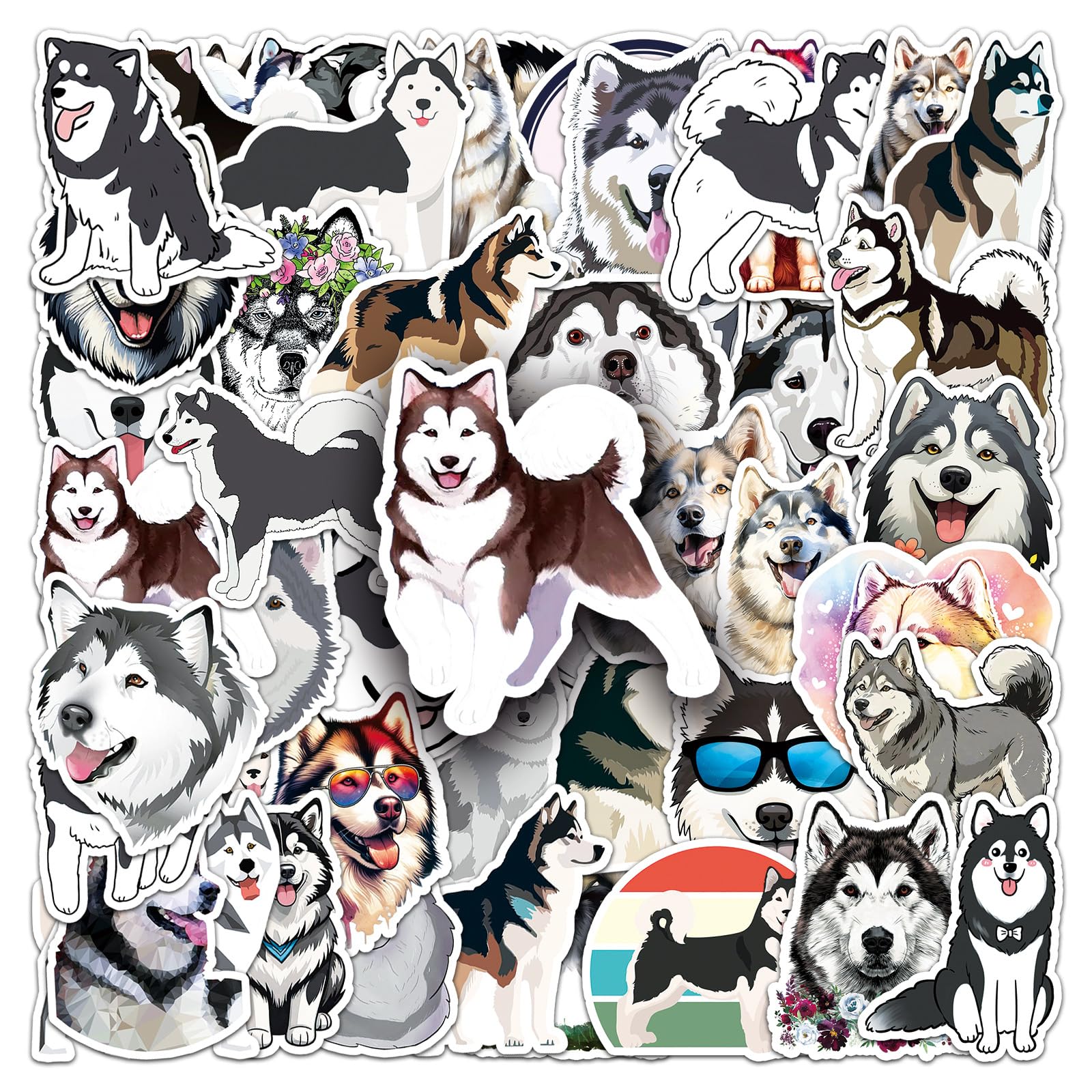 Bric dodo 50Pcs Alaskan Malamute Stickers, PVC, White, Gray, Black, Street Art Style, Waterproof, Outdoor, Stickers