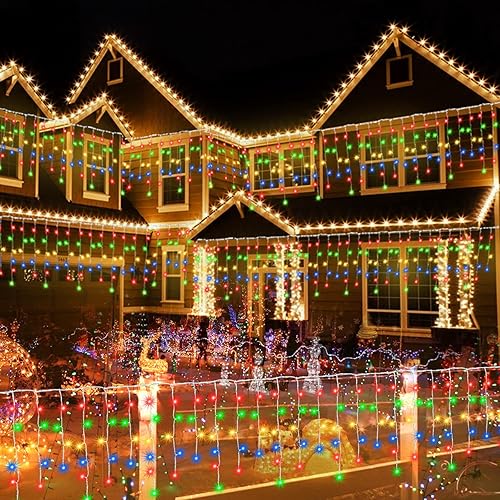 Miniatura 5 de Pooqla Luces de carámbano de Navidad para decoración al aire libre, guirnalda de luces LED coloridas, 8 modos, 300 luces LED conectables de 30 pies,
