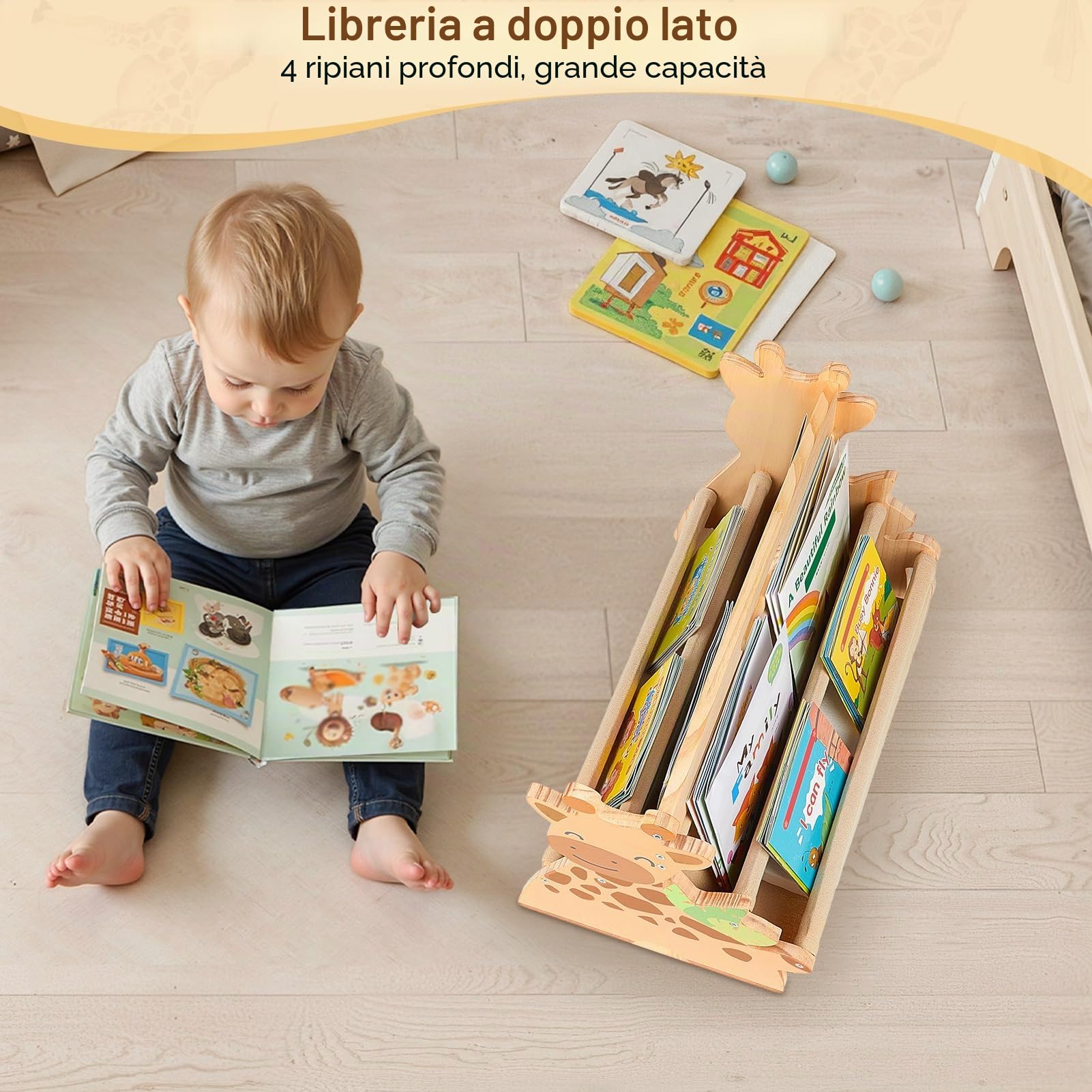 MHJY Libreria per Bambini in Legno - Scaffale Porta Libri Doppia Faccia con Tasche in Tela, Stile Montessori Portatile con Maniglia, Organizer Giochi per Cameretta, Asilo e Scuola Materna