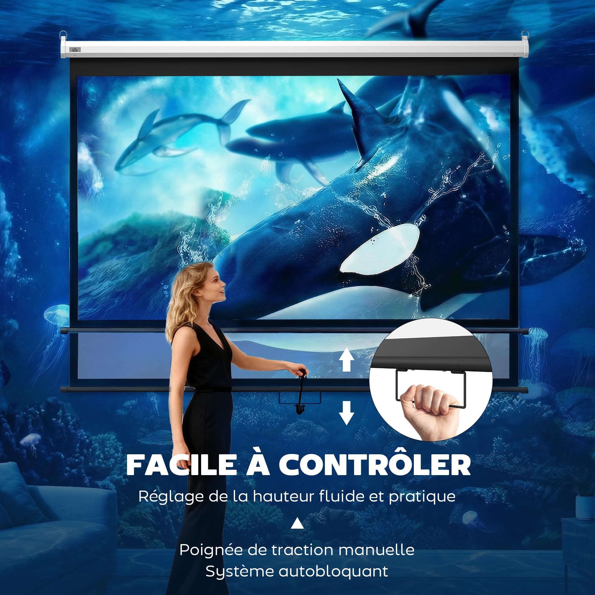HOMCOM Écran de Projection 120" 4:3 HD 4K, Videoprojecteur avec Boîtier Métal, Réglable en Hauteur, Noir